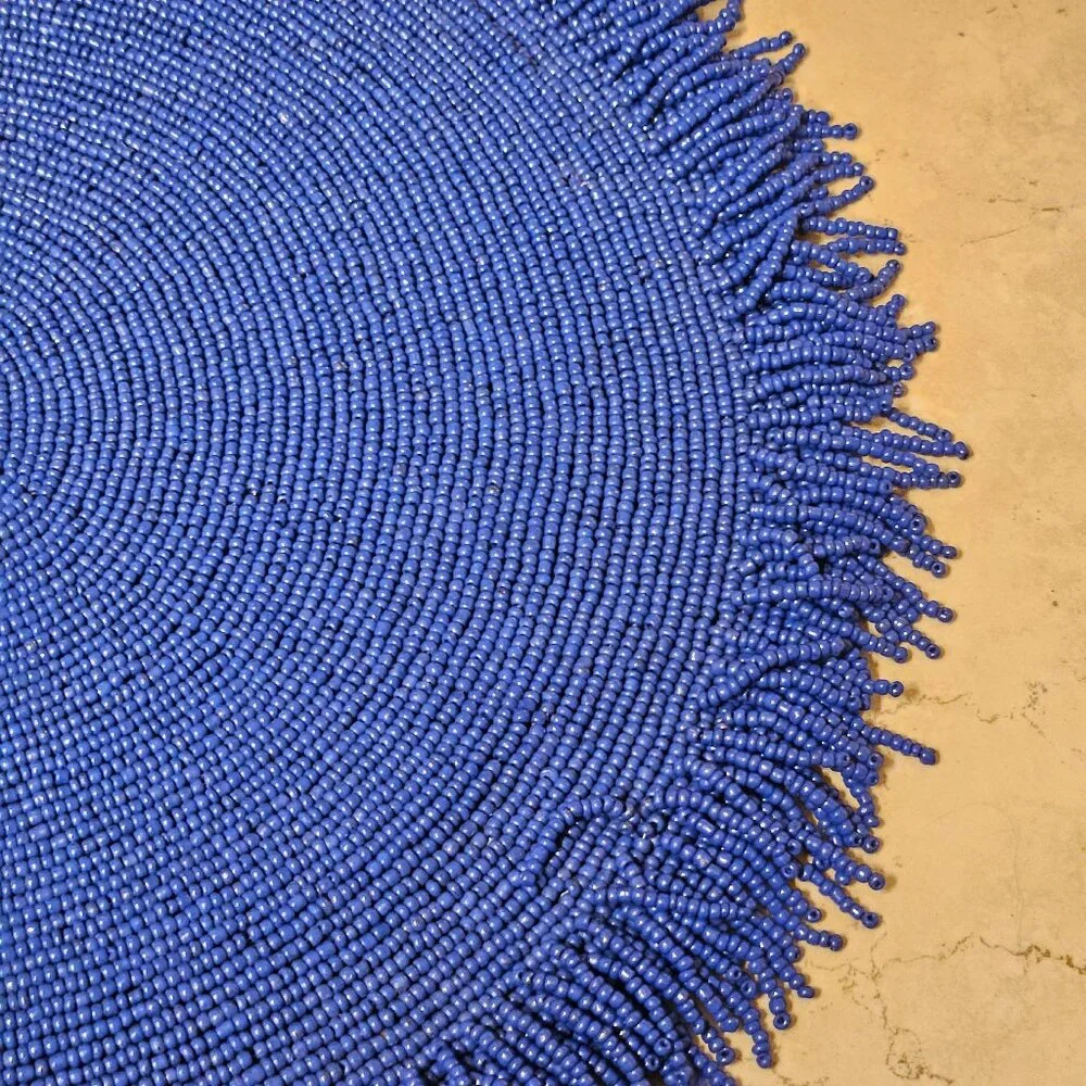 RARE KIM SEYBERT SUMMER BEACH OCEAN NAUTICAL CORAL BLUE FRINGE BEADED PLACEMAT